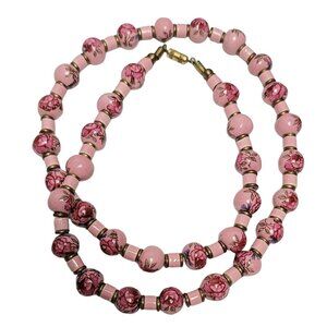 Pink Red Ceramic Flower And Brass Bead Necklace, 26” Long